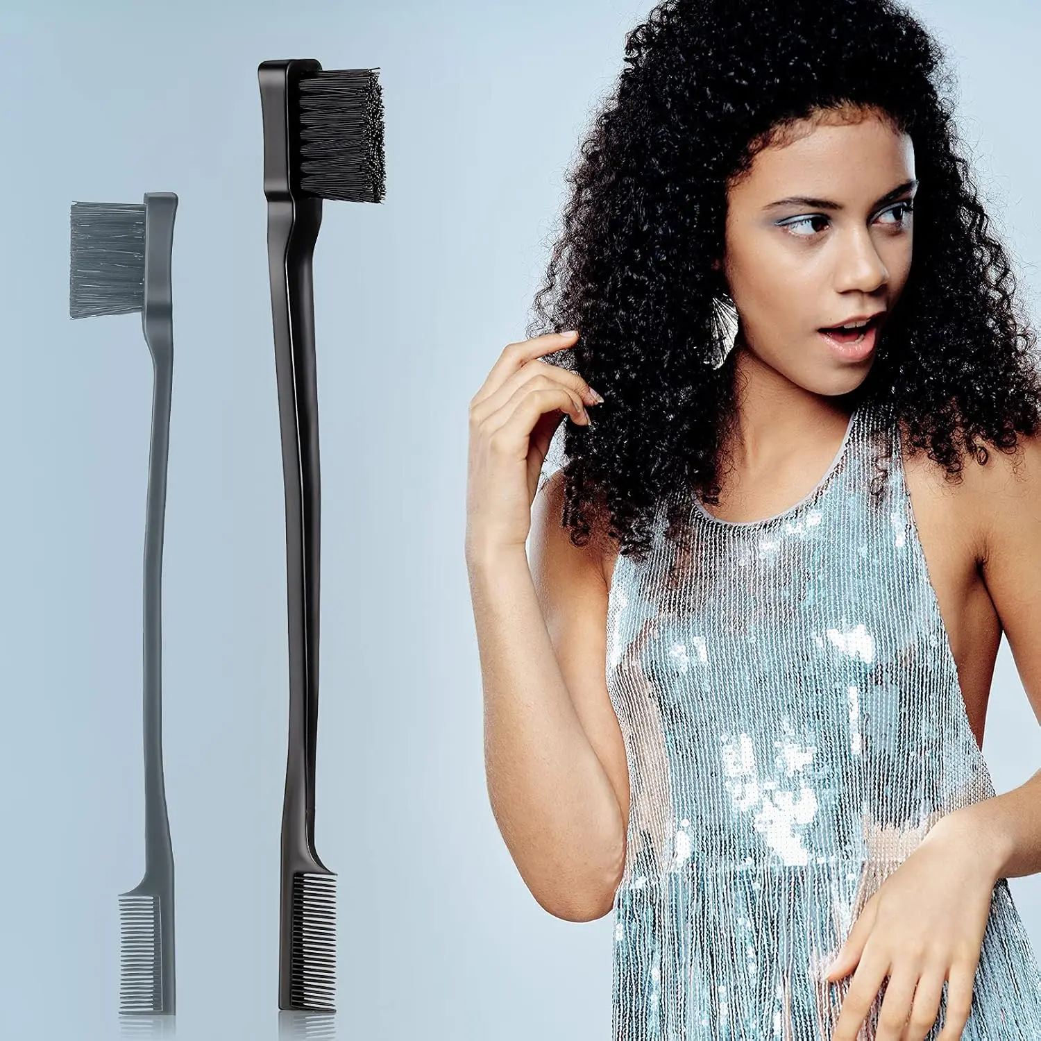 This Geiserailie 3-piece black hair tool set includes a double-sided edge brush, bristle brush, and pin tail comb for styling edges, bangs, eyebrows, and eyelashes, and is perfect for women to create sleek, polished hairstyles.