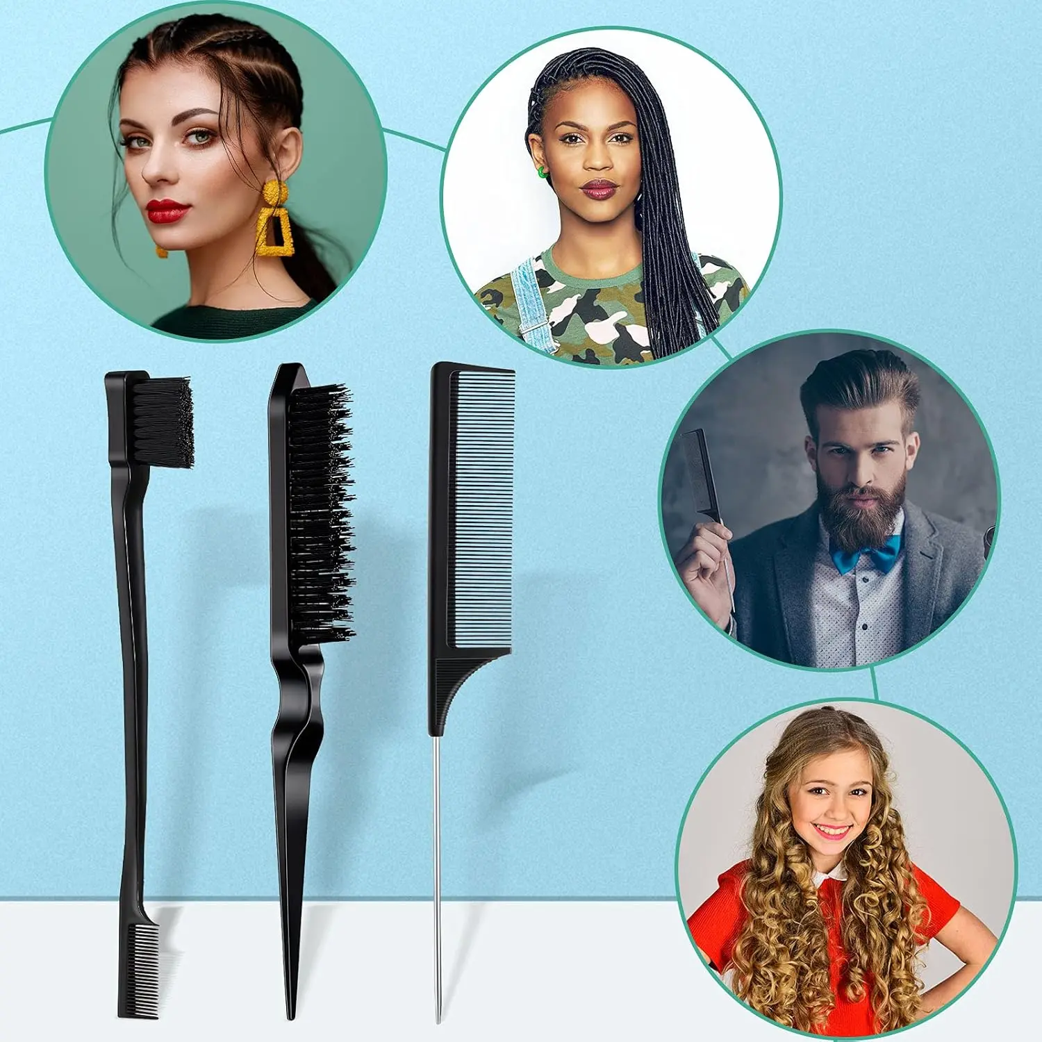 This Geiserailie 3-piece black hair tool set includes a double-sided edge brush, bristle brush, and pin tail comb for styling edges, bangs, eyebrows, and eyelashes, and is perfect for women to create sleek, polished hairstyles.