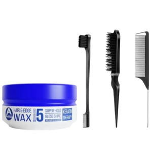 This edge wax bundle set includes three styling brushes and provides 24-hour super hold for sleek, polished styles and precise hair control, enriched with keratin therapy for maintaining hair health.