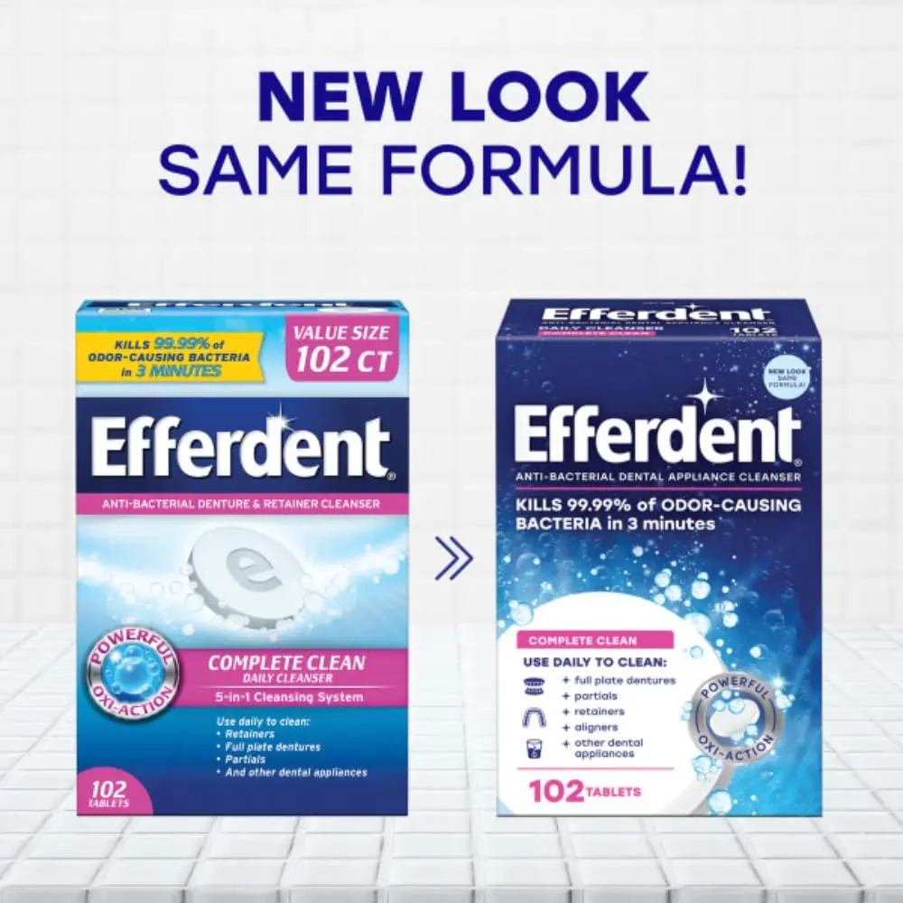Efferdent Complete Clean antibacterial tablets are shown, designed for daily cleaning of retainers, dentures, aligners, and other dental appliances, effectively removing stains and fighting odor-causing bacteria.