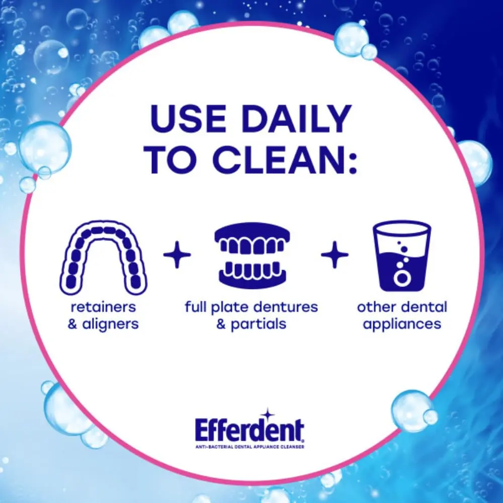 Efferdent Complete Clean antibacterial tablets are shown, designed for daily cleaning of retainers, dentures, aligners, and other dental appliances, effectively removing stains and fighting odor-causing bacteria.