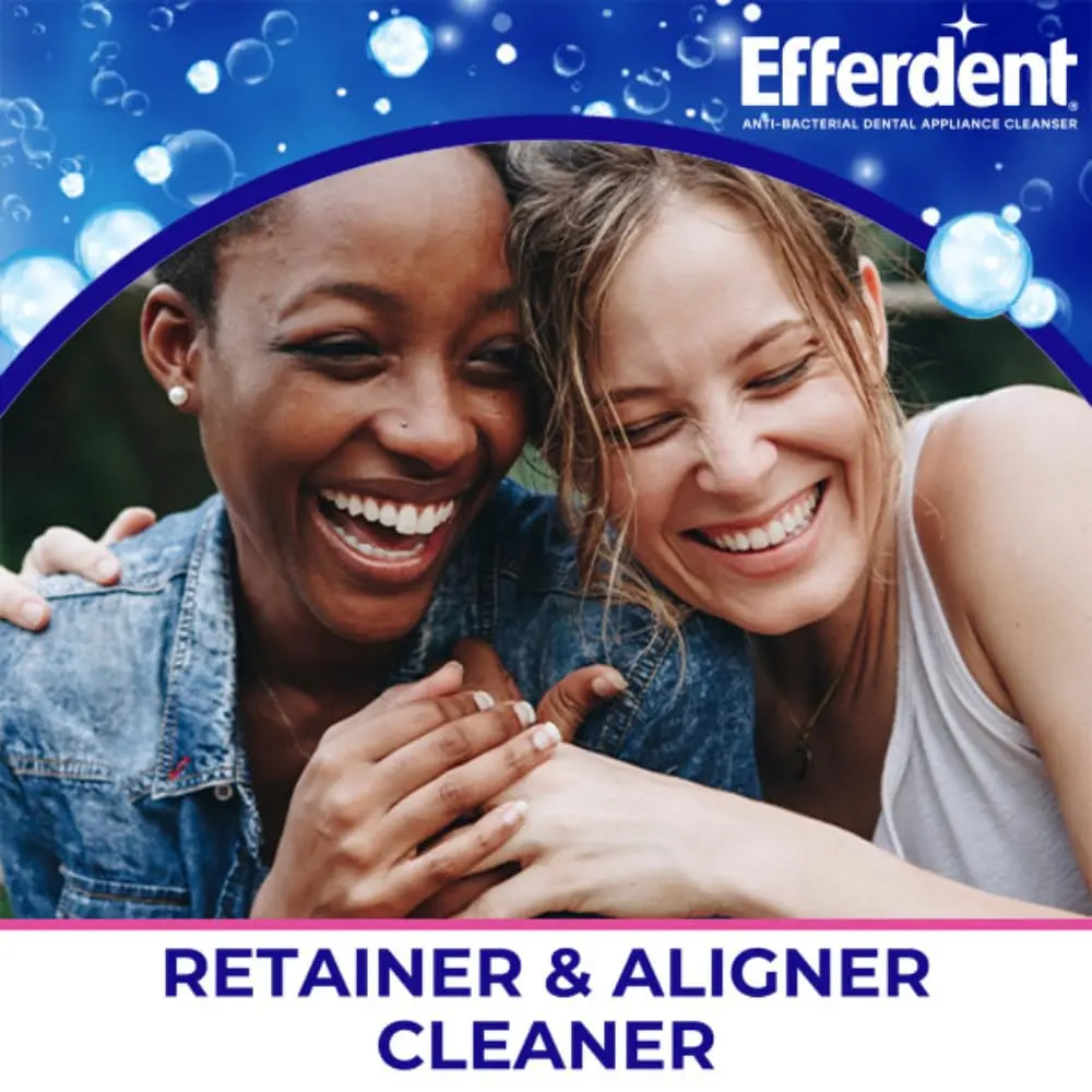 Efferdent Complete Clean antibacterial tablets are shown, designed for daily cleaning of retainers, dentures, aligners, and other dental appliances, effectively removing stains and fighting odor-causing bacteria.