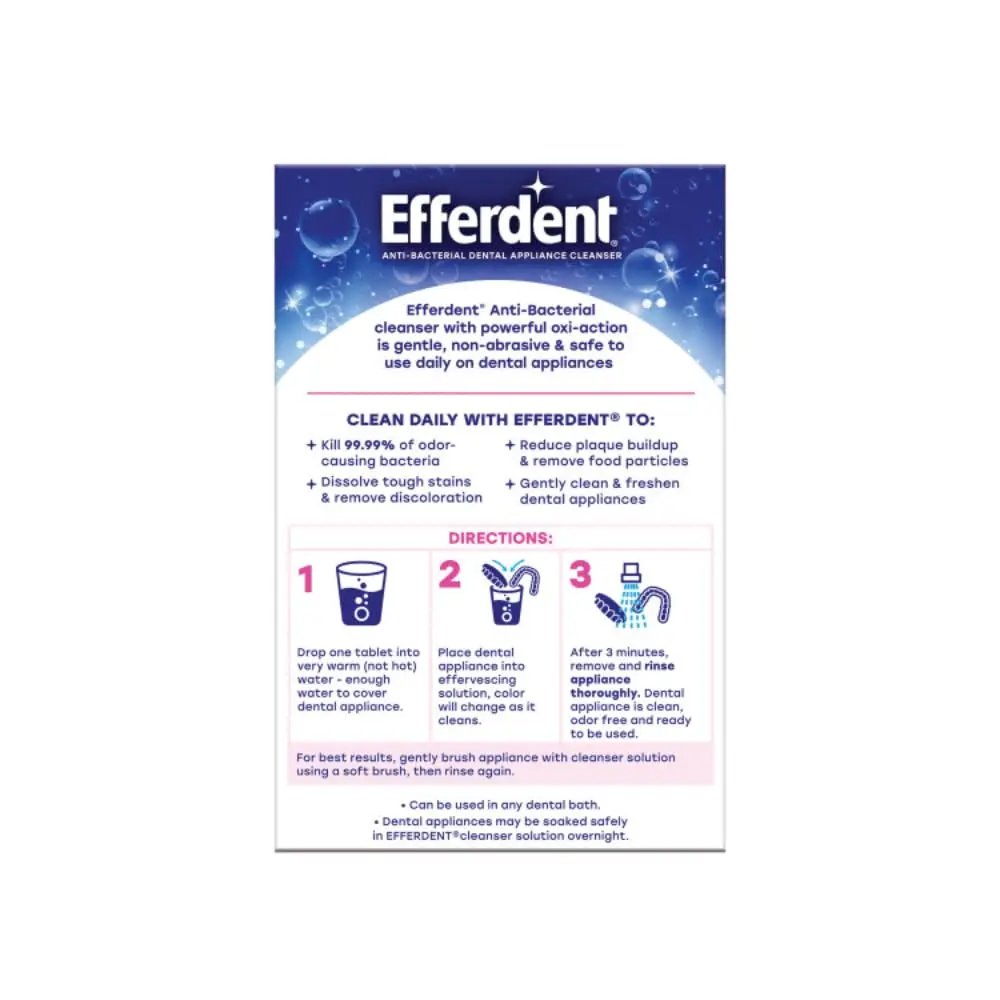 Efferdent Complete Clean antibacterial tablets are shown, designed for daily cleaning of retainers, dentures, aligners, and other dental appliances, effectively removing stains and fighting odor-causing bacteria.
