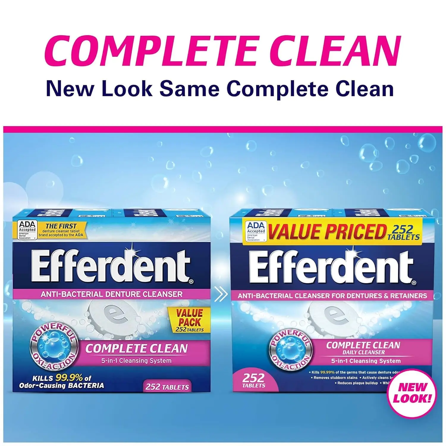 A pack of 252 Efferdent Complete Clean denture cleanser tablets helps to clean, whiten, and freshen dentures, retainers, and dental appliances while killing odor-causing bacteria.