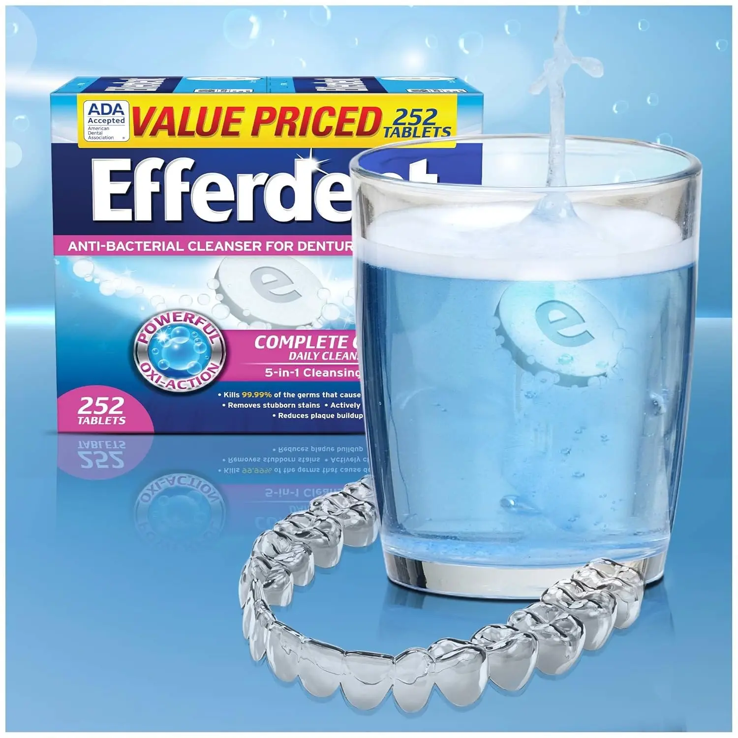 A pack of 252 Efferdent Complete Clean denture cleanser tablets helps to clean, whiten, and freshen dentures, retainers, and dental appliances while killing odor-causing bacteria.