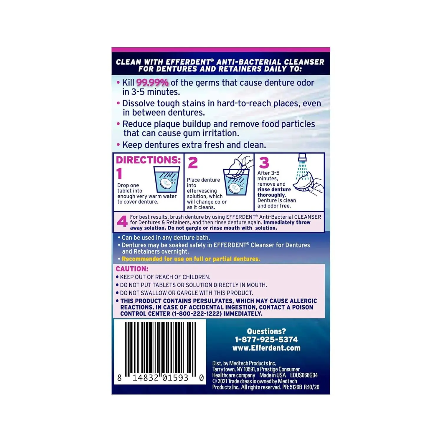 A pack of 252 Efferdent Complete Clean denture cleanser tablets helps to clean, whiten, and freshen dentures, retainers, and dental appliances while killing odor-causing bacteria.