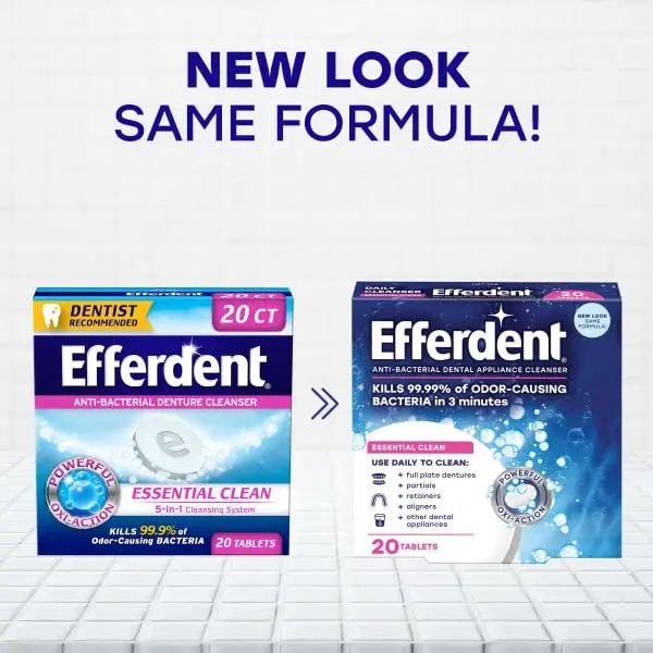 Efferdent denture cleanser tablets kill odor-causing germs, dissolve stains, reduce plaque, and freshen with extra minty flavor.
