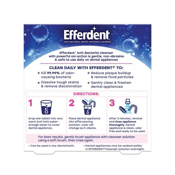 Efferdent denture cleanser tablets kill odor-causing germs, dissolve stains, reduce plaque, and freshen with extra minty flavor.