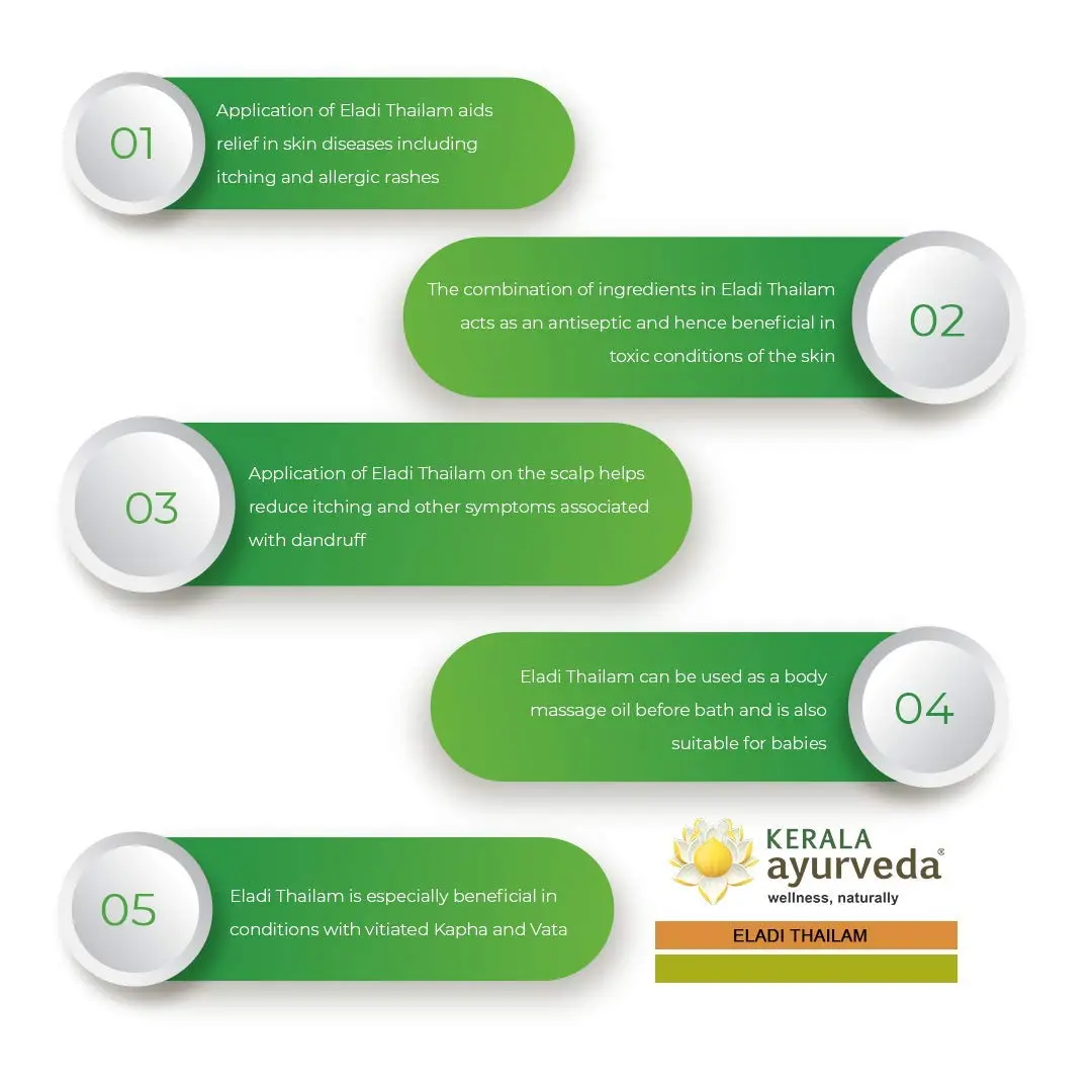 Kerala Ayurveda Eladi Thailam, a sesame oil-based treatment, effectively manages acne, detoxifies skin, and provides a radiant glow.