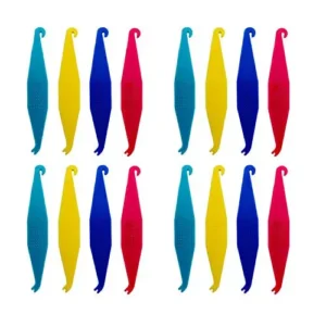 This image shows multi-colored disposable plastic orthodontic elastic placers designed to easily fit and remove rubber bands on braces.