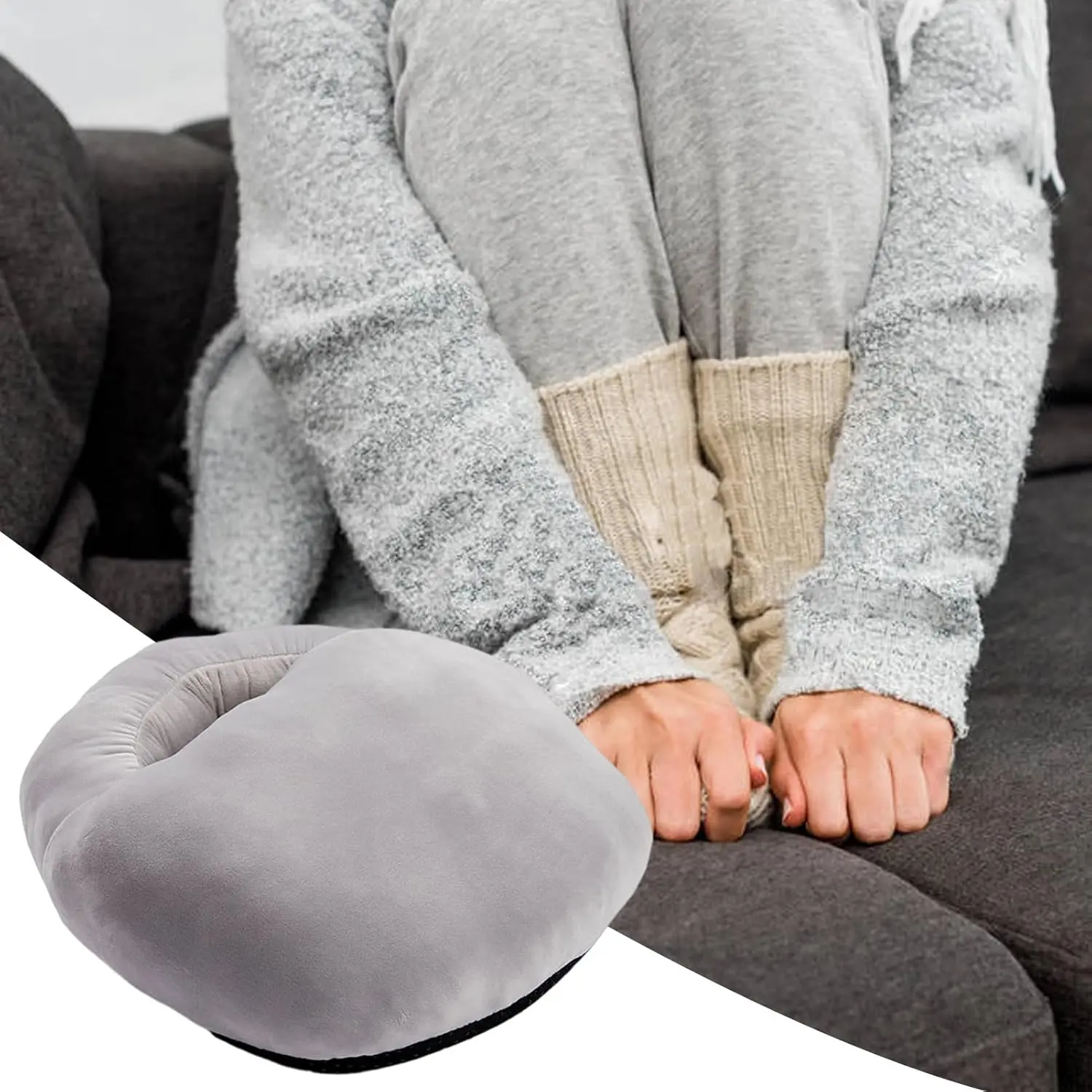 The electric foot warmer provides cozy, consistent warmth for cold feet at home or in the office, featuring a removable liner for easy cleaning and ergonomic relaxation.