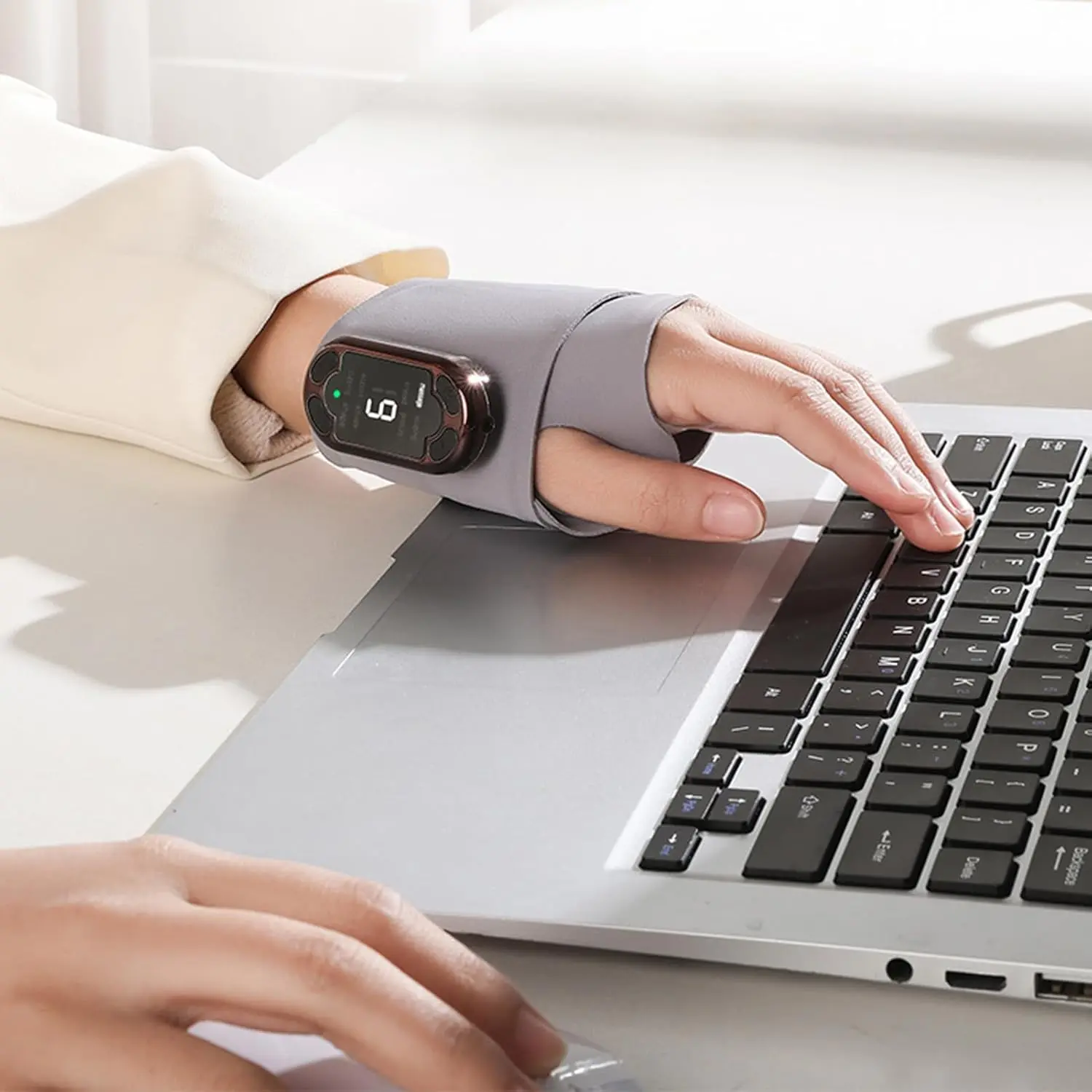 The electric hand massager offers eight modes and adjustable intensity for personalized wrist discomfort relief and relaxation, featuring a rapid heat care system to enhance blood flow and all-day wear comfort.