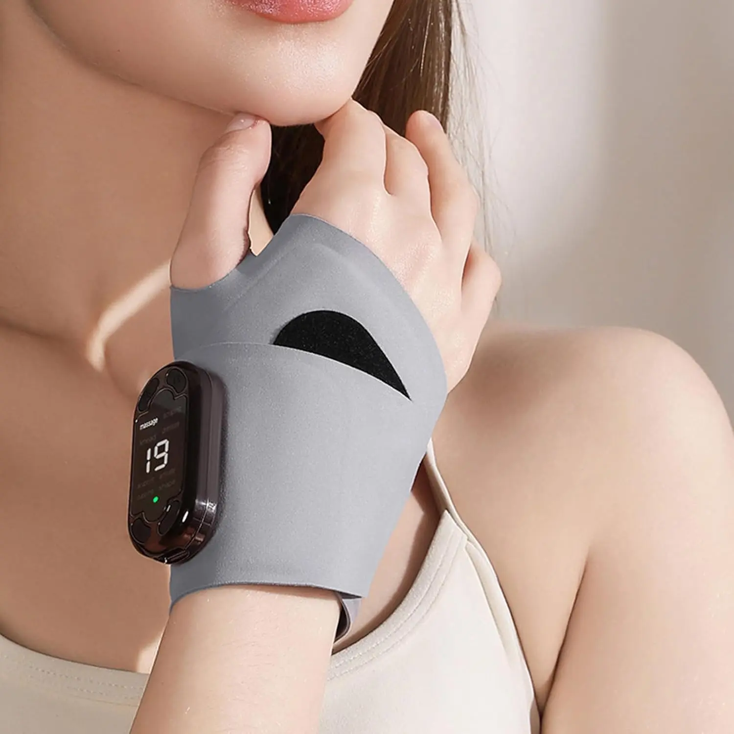 The electric hand massager offers eight modes and adjustable intensity for personalized wrist discomfort relief and relaxation, featuring a rapid heat care system to enhance blood flow and all-day wear comfort.