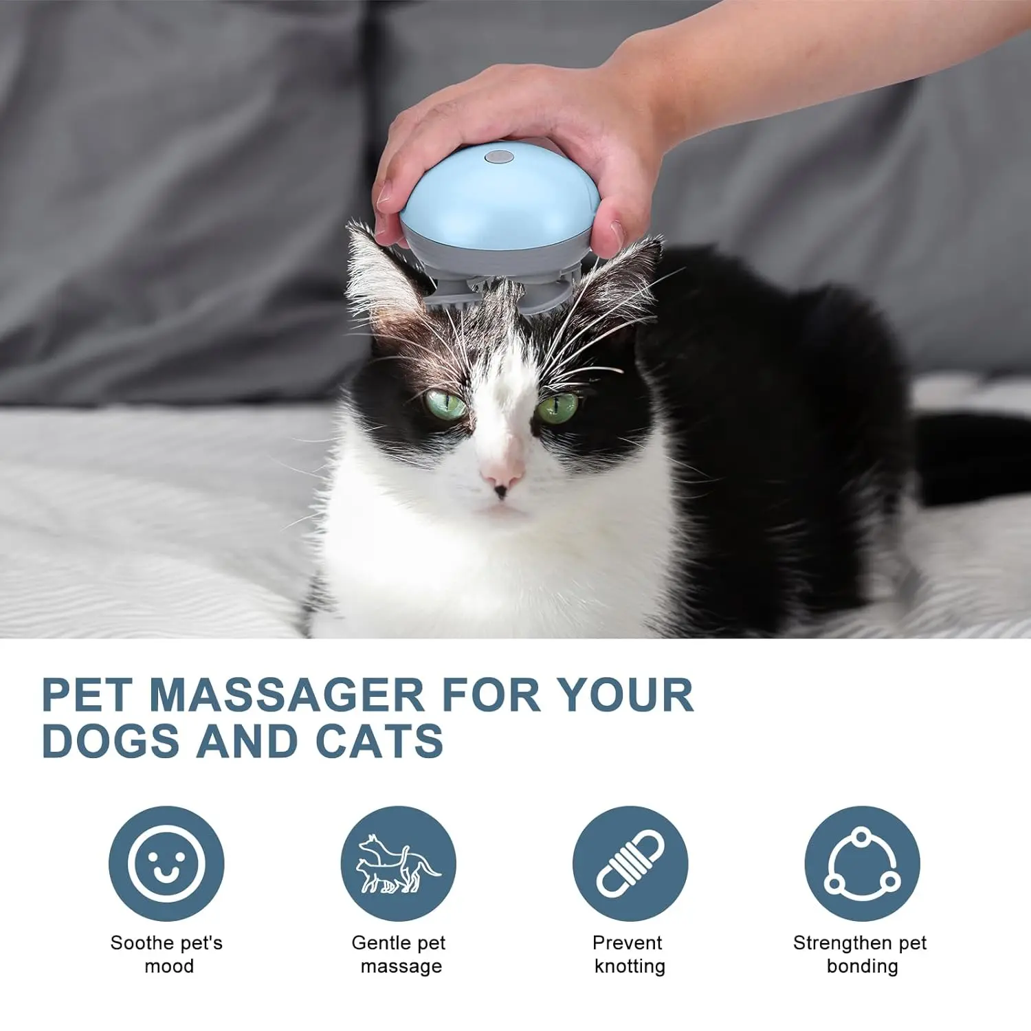 This electric pet massager helps relieve muscle tension in cats and dogs with its four rotating massage heads and three adjustable modes, promoting relaxation and bonding.