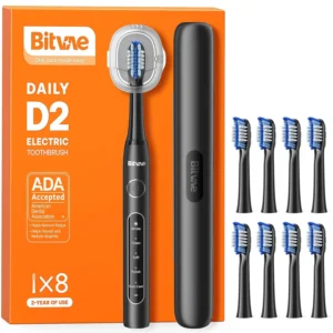 Black Bitvae electric toothbrush for adults with eight replacement brush heads and five cleaning modes, ADA accepted for effective teeth cleaning.