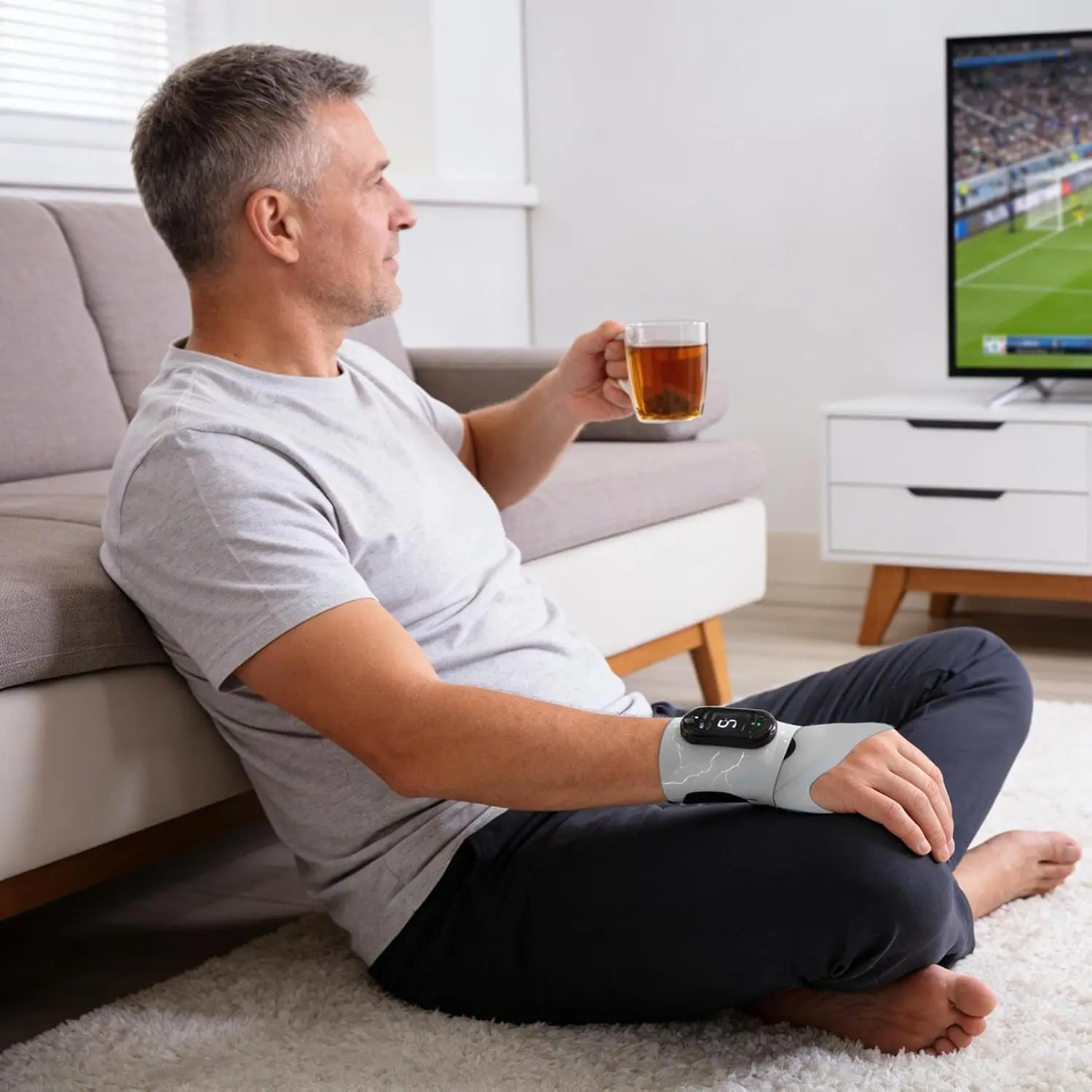 Enjoy soothing relief with this rechargeable electric wrist massager featuring eight massage modes, a heating layer, and a skin-friendly honeycomb mesh for comfortable all-day wear and convenient one-handed operation.