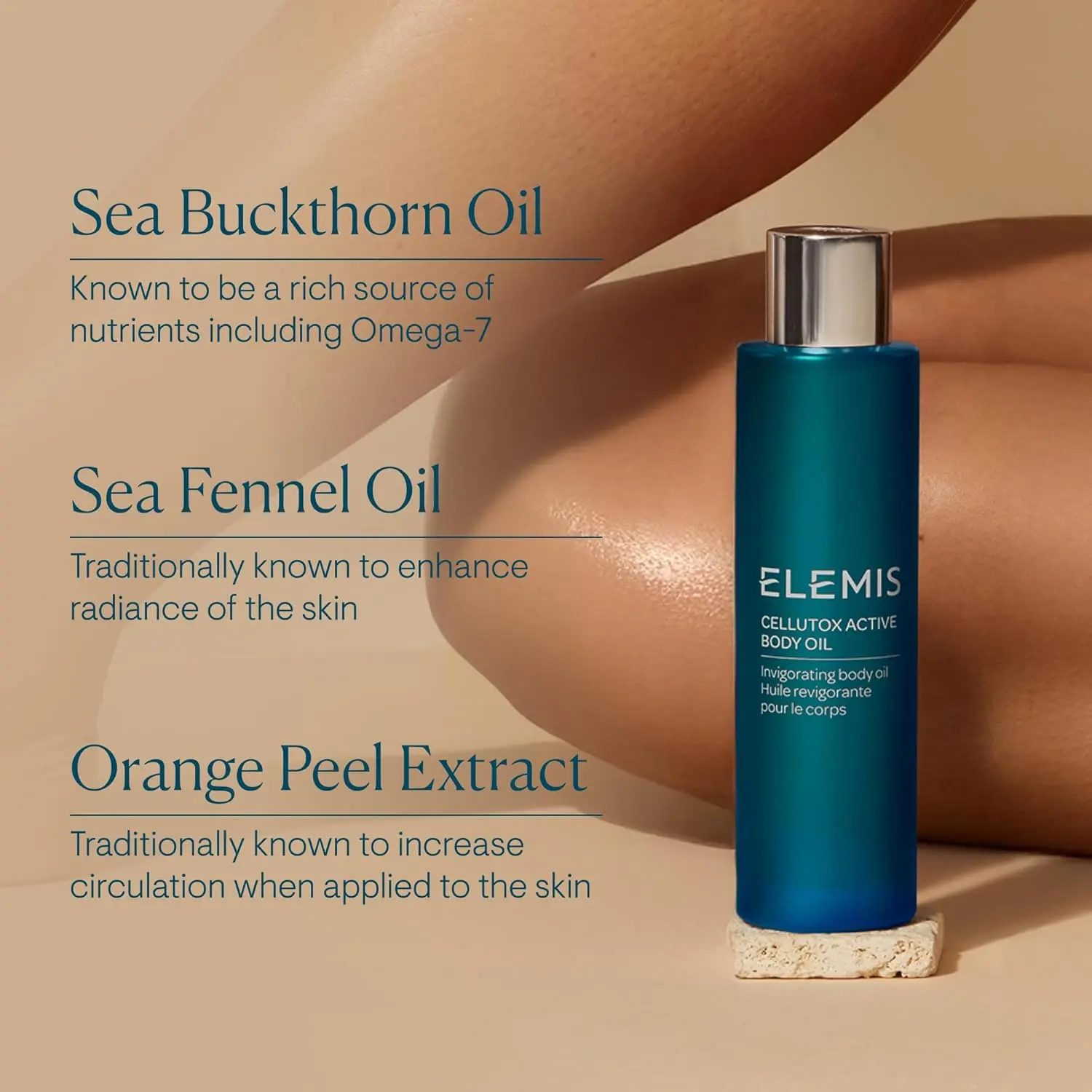 ELEMIS Cellutox Active Body Oil with juniper, lemon, and sea fennel nourishes and detoxifies the body while promoting lymphatic decongestion and stimulating sluggish systems.