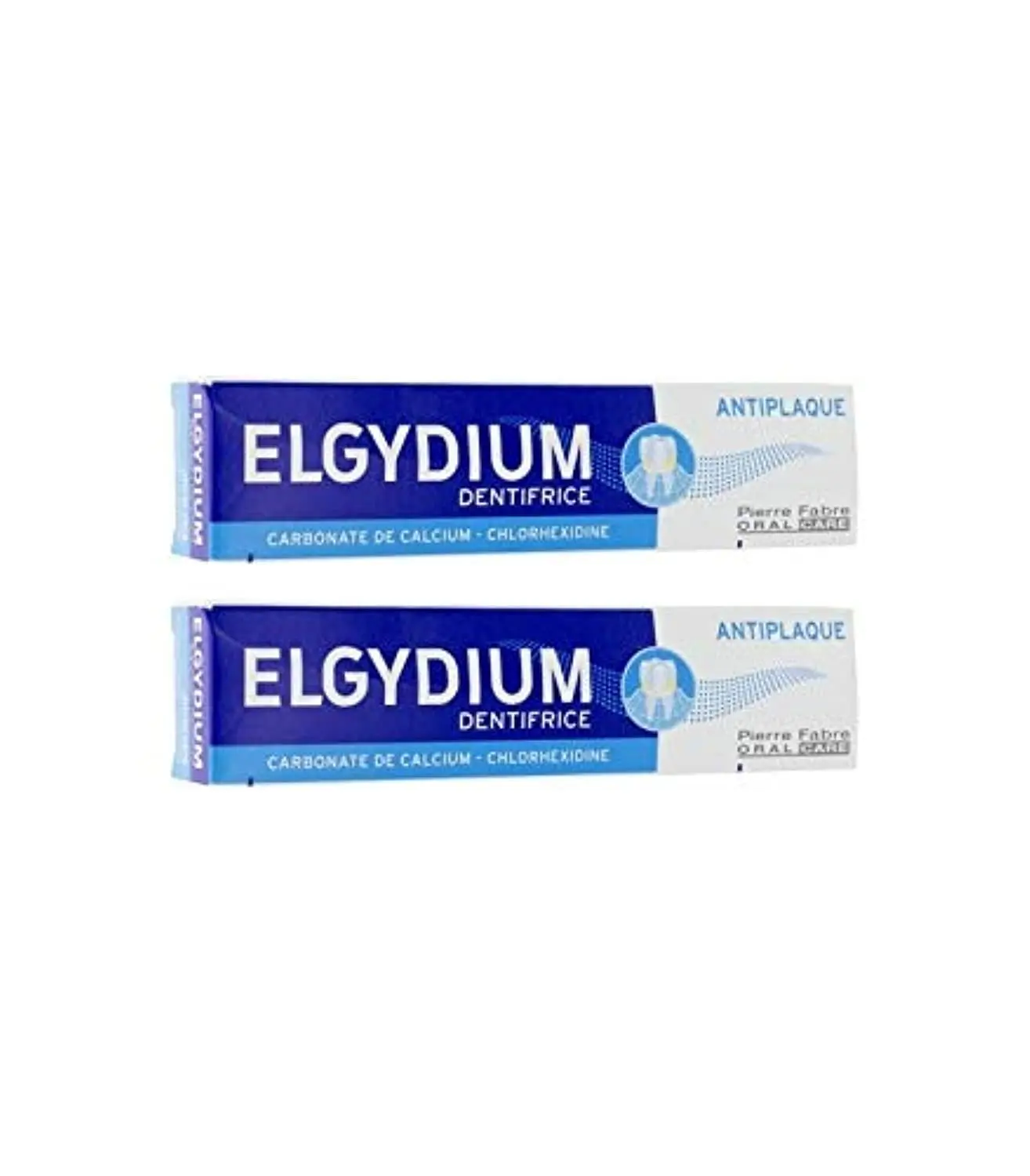 Two 75ml tubes of Elgydium anti-plaque toothpaste for adults, formulated with calcium carbonate to help prevent plaque buildup with regular brushing.