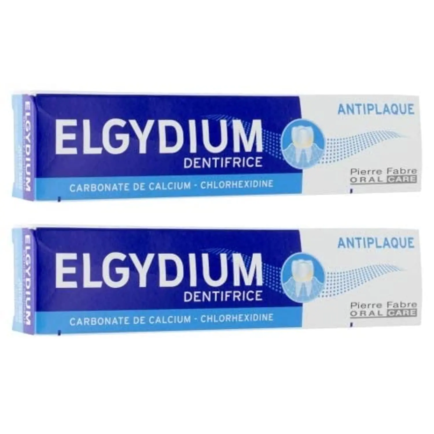 Two 75ml tubes of Elgydium anti-plaque toothpaste for adults, formulated with calcium carbonate to help prevent plaque buildup with regular brushing.