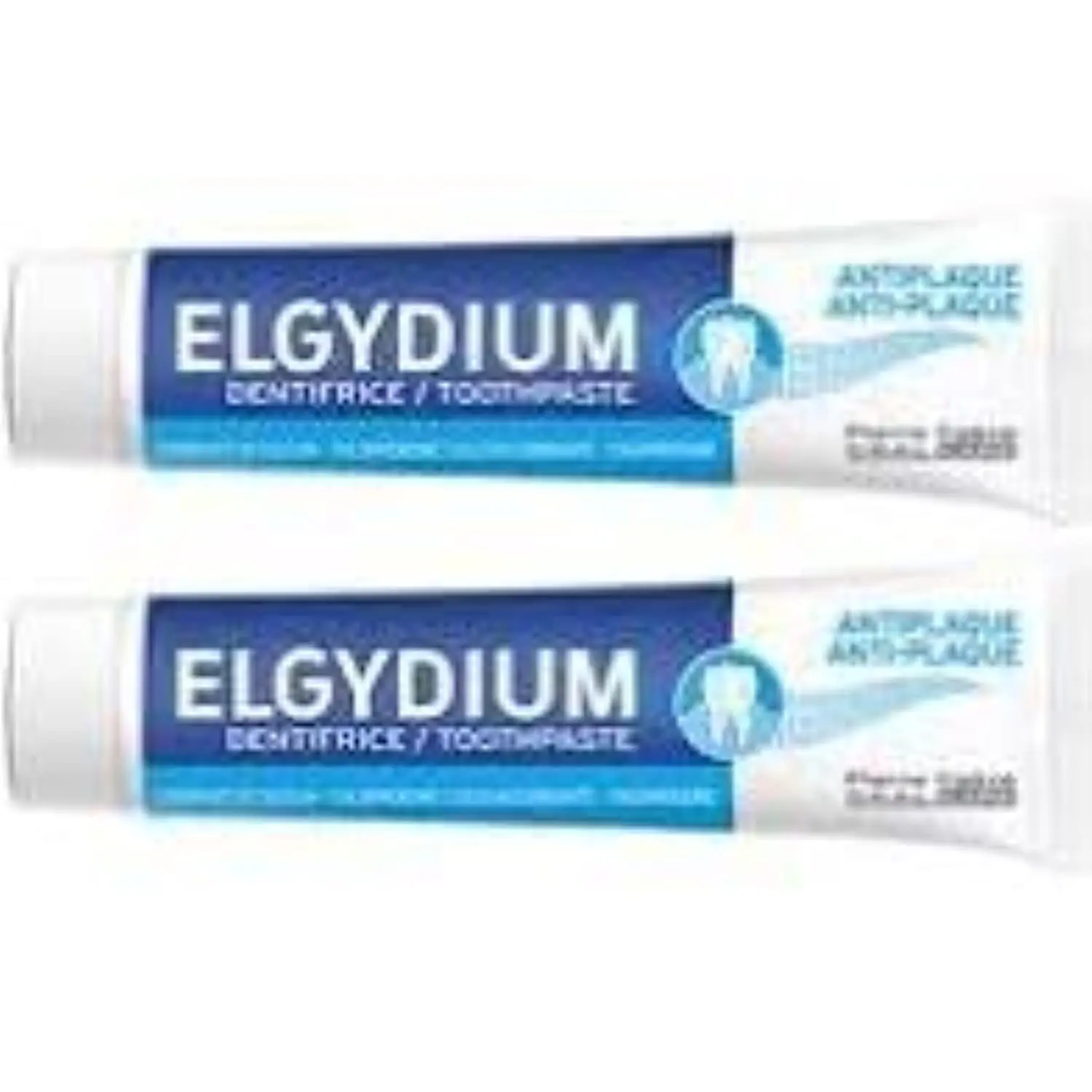 Two 75ml tubes of Elgydium anti-plaque toothpaste for adults, formulated with calcium carbonate to help prevent plaque buildup with regular brushing.
