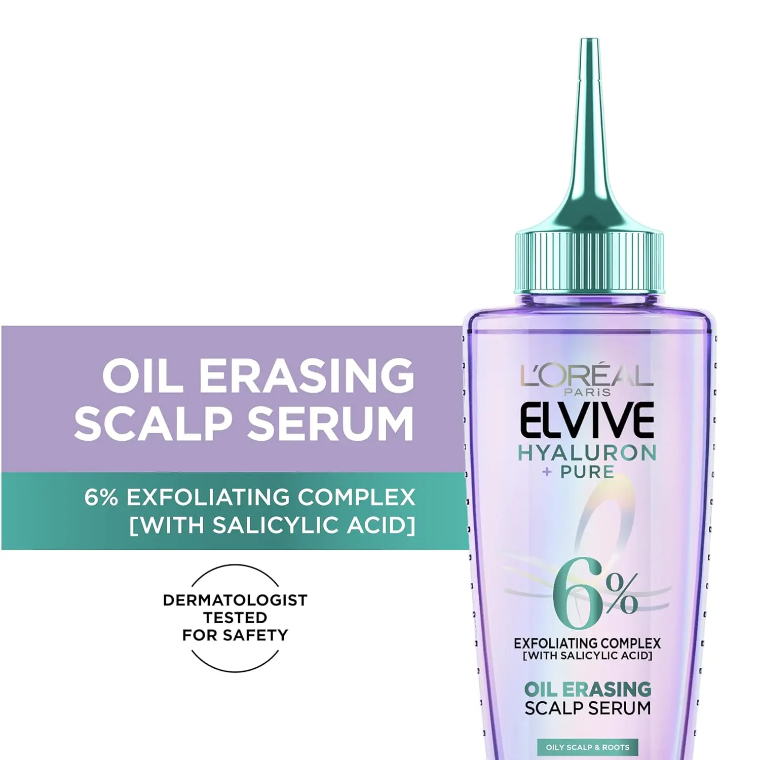 L'Oreal Paris Elvive Hyaluron + Pure Oil Erasing Scalp Serum exfoliates and removes residue, leaving oily hair refreshed and hydrated for up to 72 hours.