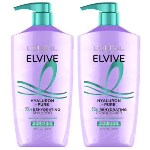 L'Oreal Paris Elvive Hyaluron + Pure shampoo and conditioner set clarifies and rehydrates hair with salicylic and hyaluronic acid for purified roots and hydrated lengths.