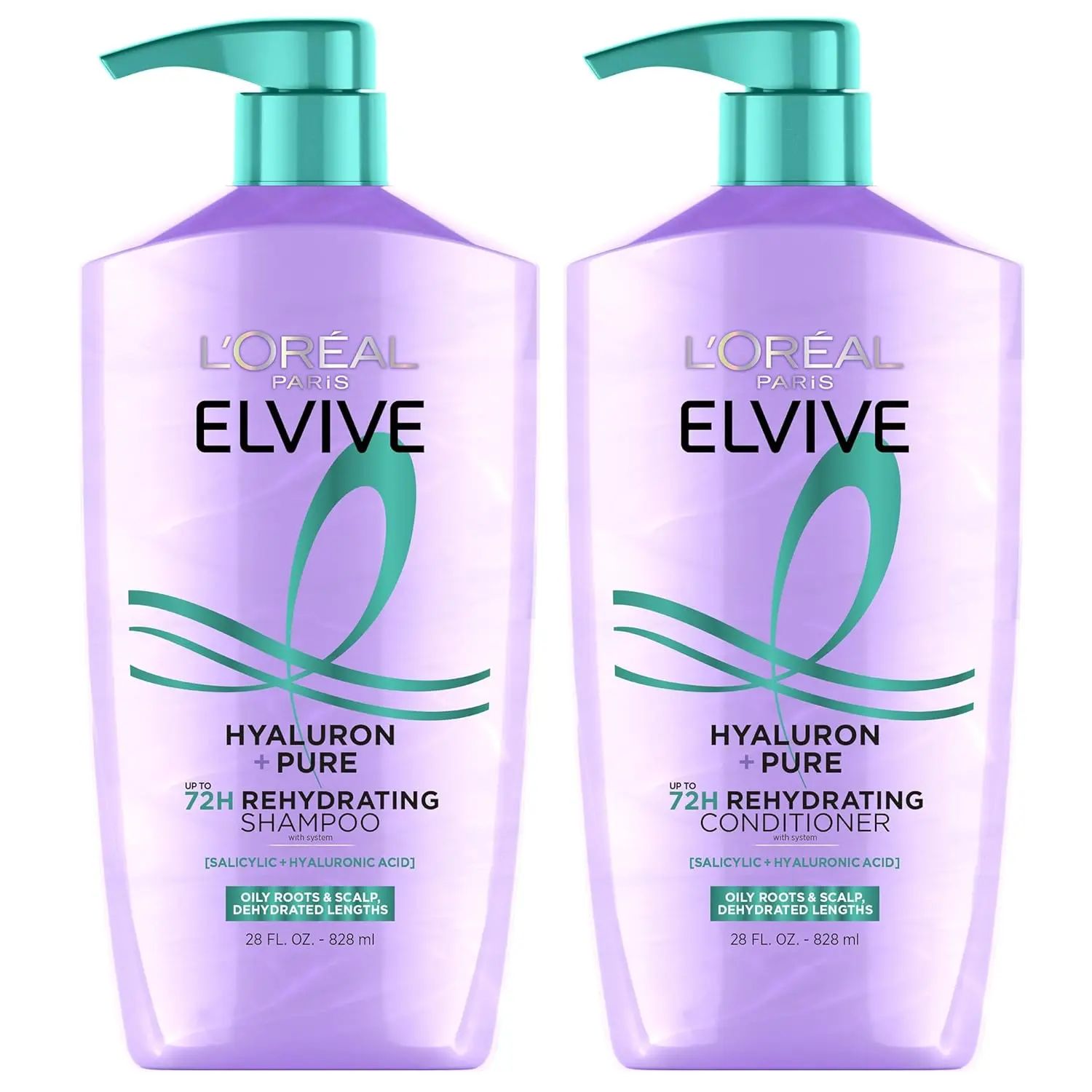 L'Oreal Paris Elvive Hyaluron + Pure shampoo and conditioner set clarifies and rehydrates hair with salicylic and hyaluronic acid for purified roots and hydrated lengths.