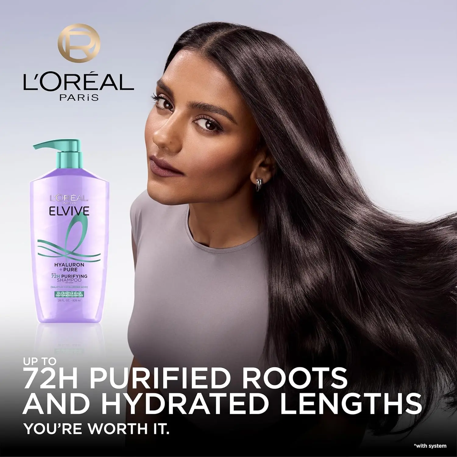 L'Oreal Paris Elvive Hyaluron + Pure shampoo and conditioner set clarifies and rehydrates hair with salicylic and hyaluronic acid for purified roots and hydrated lengths.