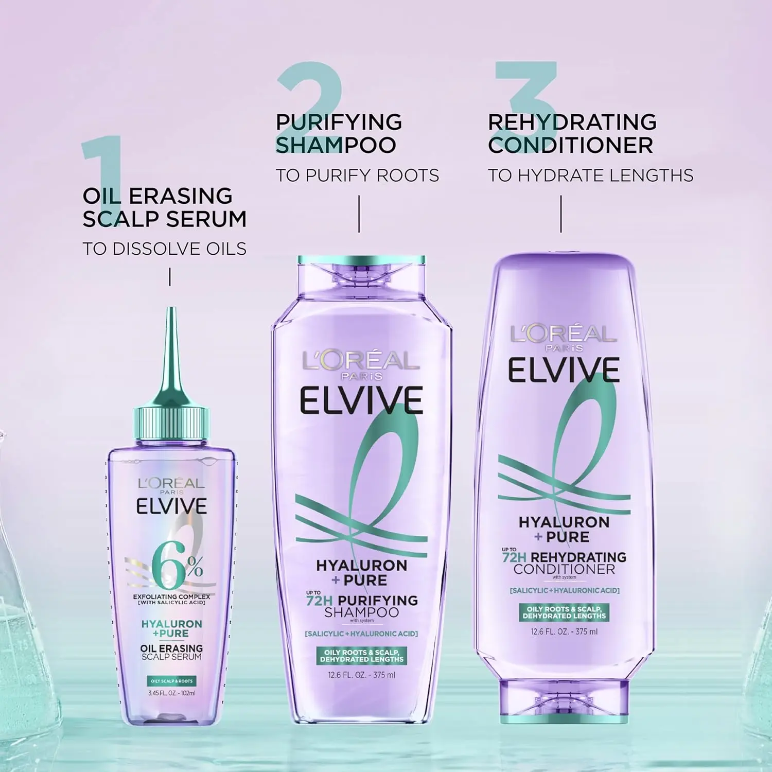 L'Oreal Paris Elvive Hyaluron + Pure shampoo and conditioner set clarifies and rehydrates hair with salicylic and hyaluronic acid for purified roots and hydrated lengths.