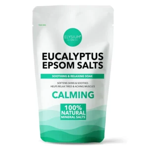 A one kilogram bag of Elysium Spa Eucalyptus Epsom Salts for a therapeutic and relaxing bath.