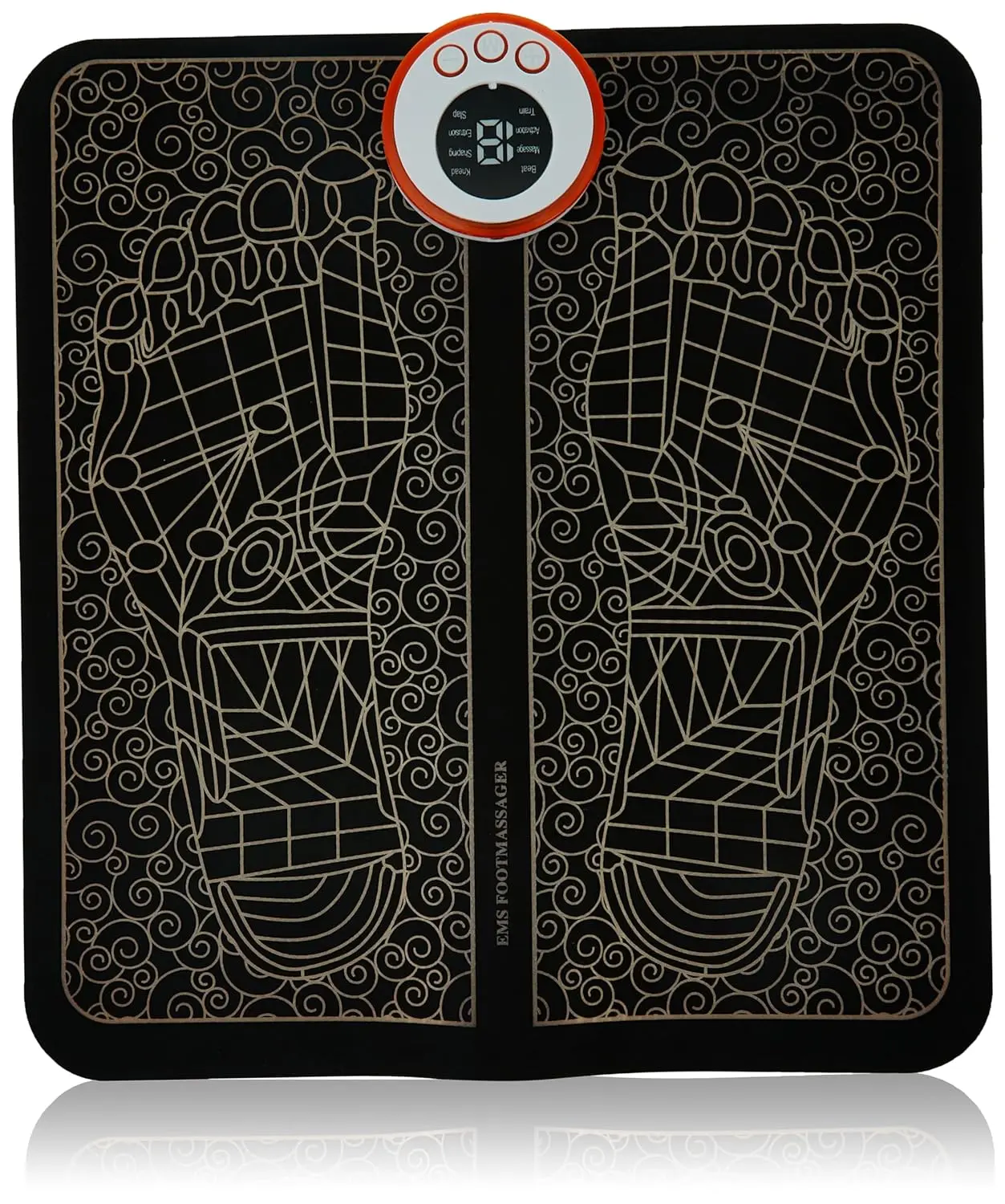 Portable EMS foot massager mat with USB charging and 9 intensity levels for bioelectric massage and leg reshaping.