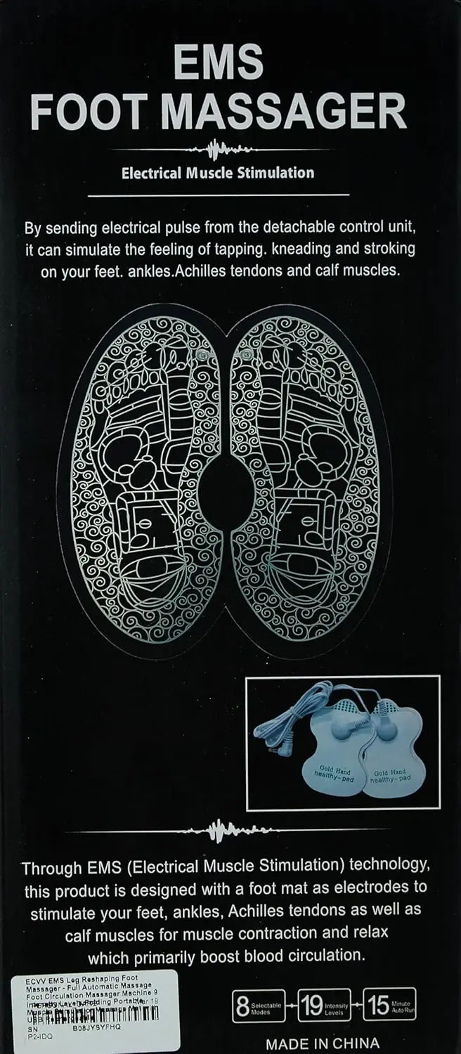 Portable EMS foot massager mat with USB charging and 9 intensity levels for bioelectric massage and leg reshaping.