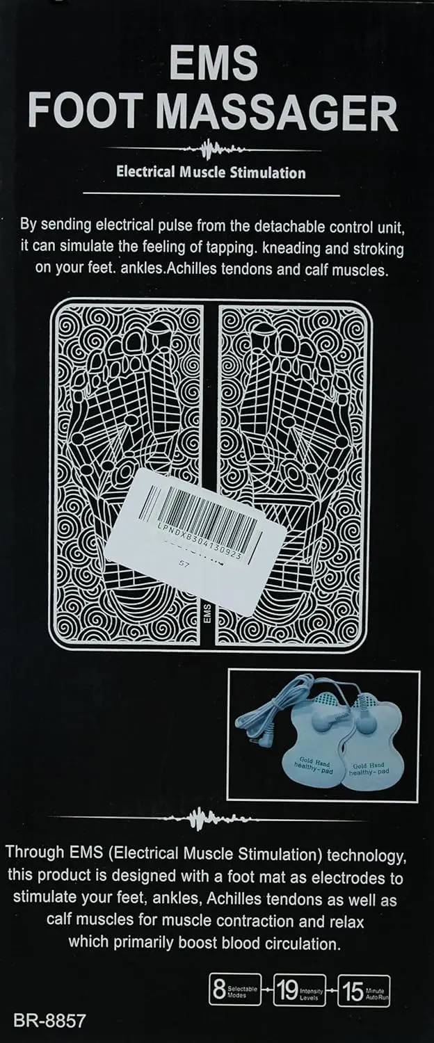 Portable EMS foot massager mat with USB charging and 9 intensity levels for bioelectric massage and leg reshaping.