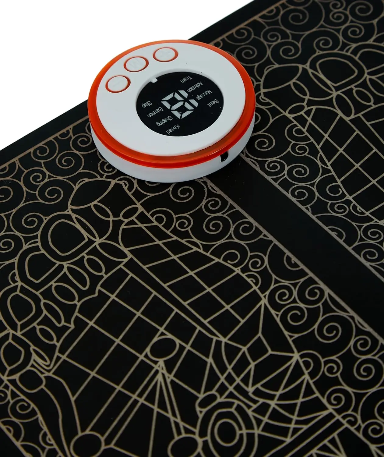 Portable EMS foot massager mat with USB charging and 9 intensity levels for bioelectric massage and leg reshaping.