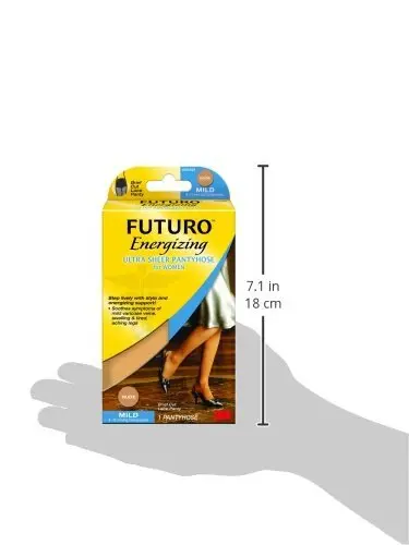 Two pairs of Futuro Energizing Ultra Sheer Pantyhose in nude color providing mild to medium graduated compression for women who stand or sit for long periods and want improved circulation.