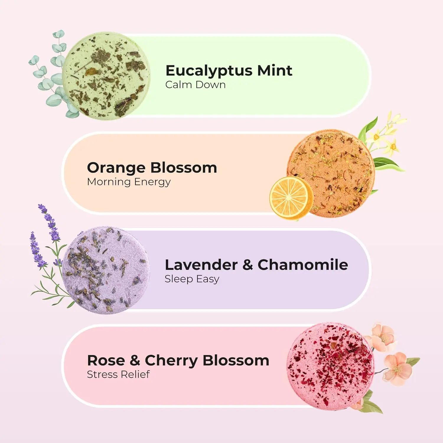 Aromatherapy shower steamers engagement gift set for women, including eucalyptus, orange blossom, lavender chamomile, rose, and cherry blossom scents, perfect for a relaxing at-home spa experience.