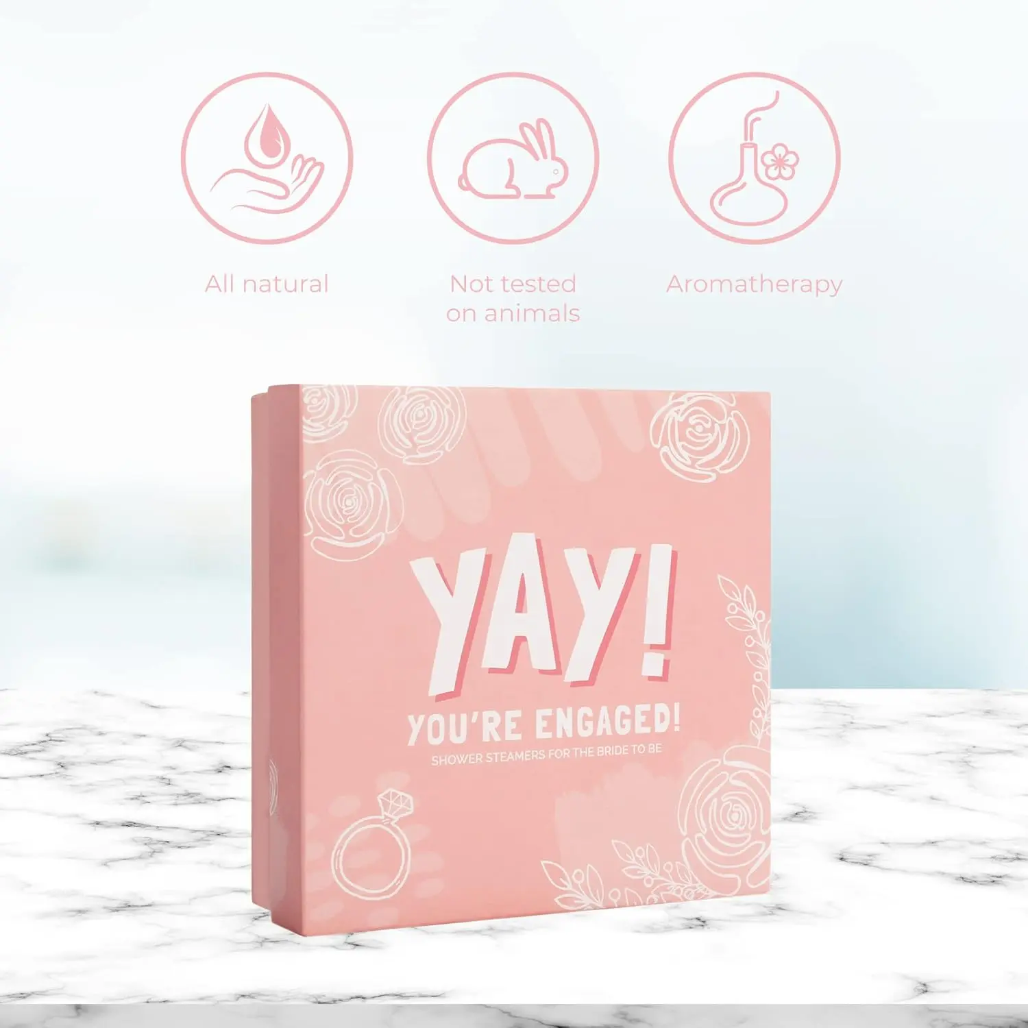 Aromatherapy shower steamers engagement gift set for women, including eucalyptus, orange blossom, lavender chamomile, rose, and cherry blossom scents, perfect for a relaxing at-home spa experience.