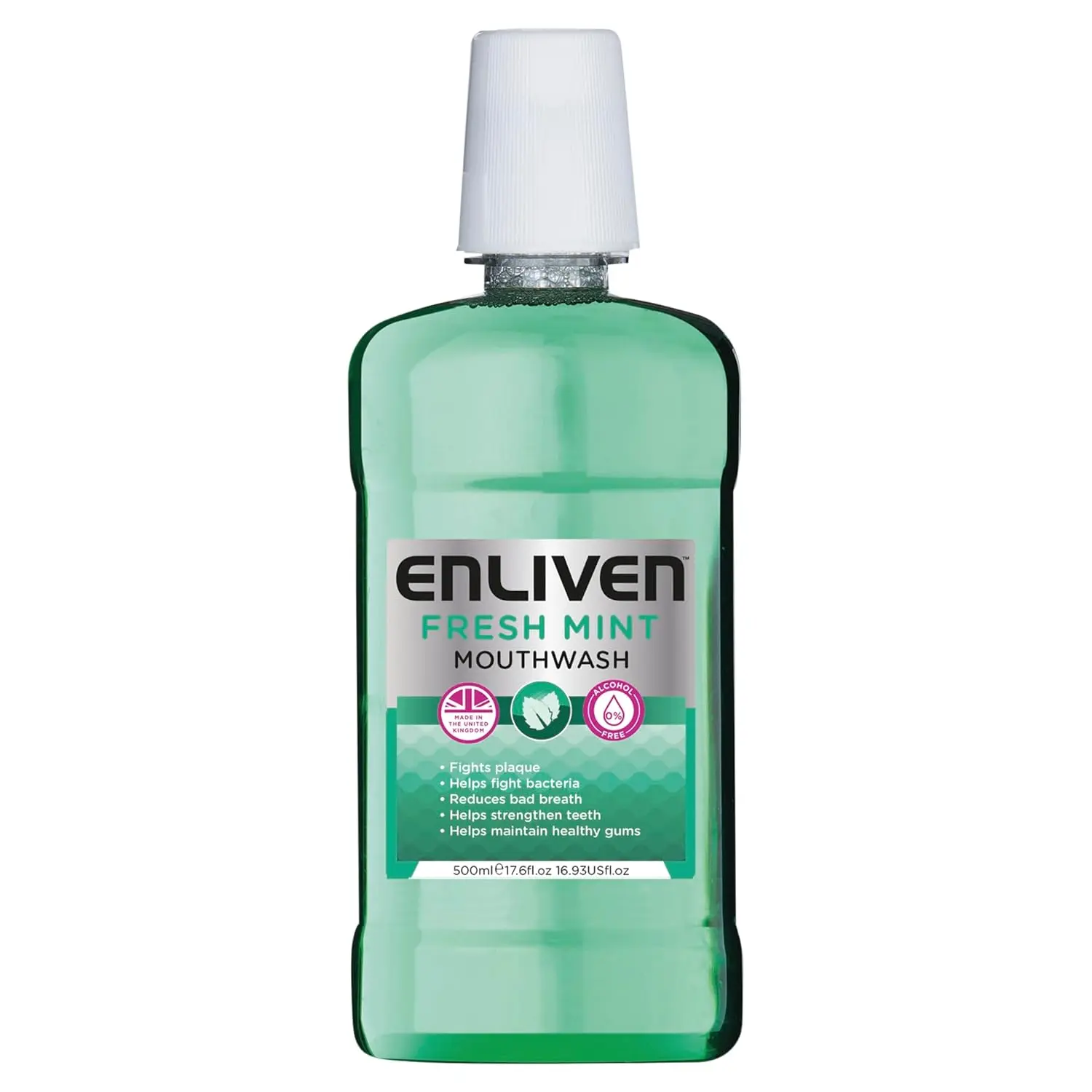 A bottle of Enliven fresh mint mouthwash that helps freshen breath, fight plaque, protect against decay, and maintain healthy gums.