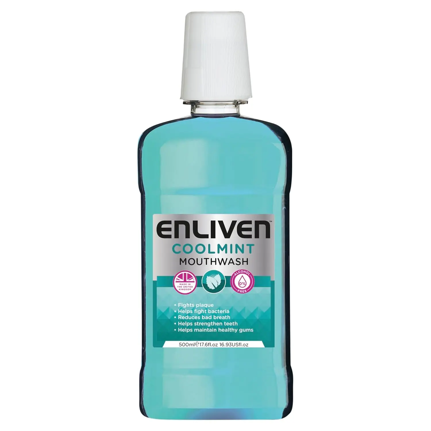 A bottle of Enliven Coolmint alcohol-free mouthwash that freshens breath, fights plaque, and helps prevent cavities for healthy gums and teeth.