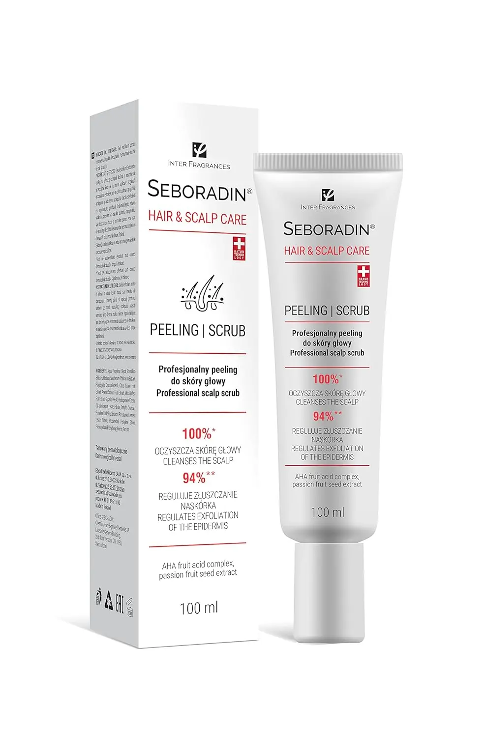 Seboradin enzyme scalp scrub with fruit acids gently exfoliates, cleanses, and refreshes the scalp, promoting healthy hair growth.