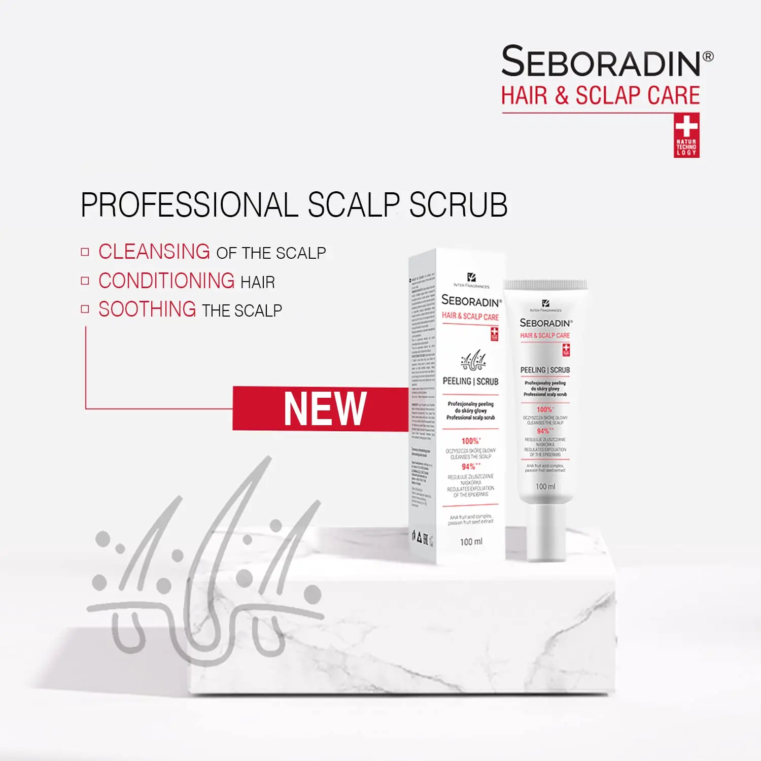 Seboradin enzyme scalp scrub with fruit acids gently exfoliates, cleanses, and refreshes the scalp, promoting healthy hair growth.
