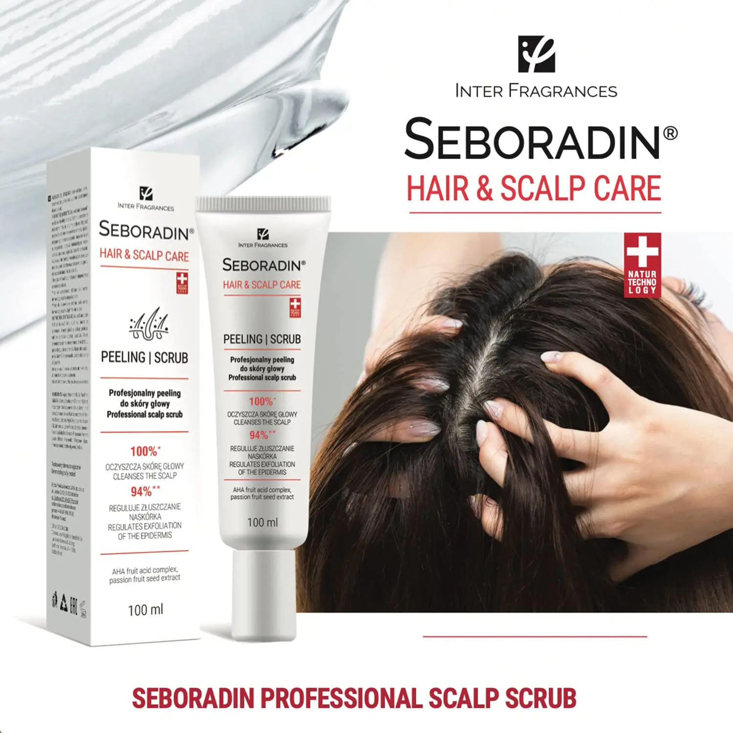 Seboradin enzyme scalp scrub with fruit acids gently exfoliates, cleanses, and refreshes the scalp, promoting healthy hair growth.