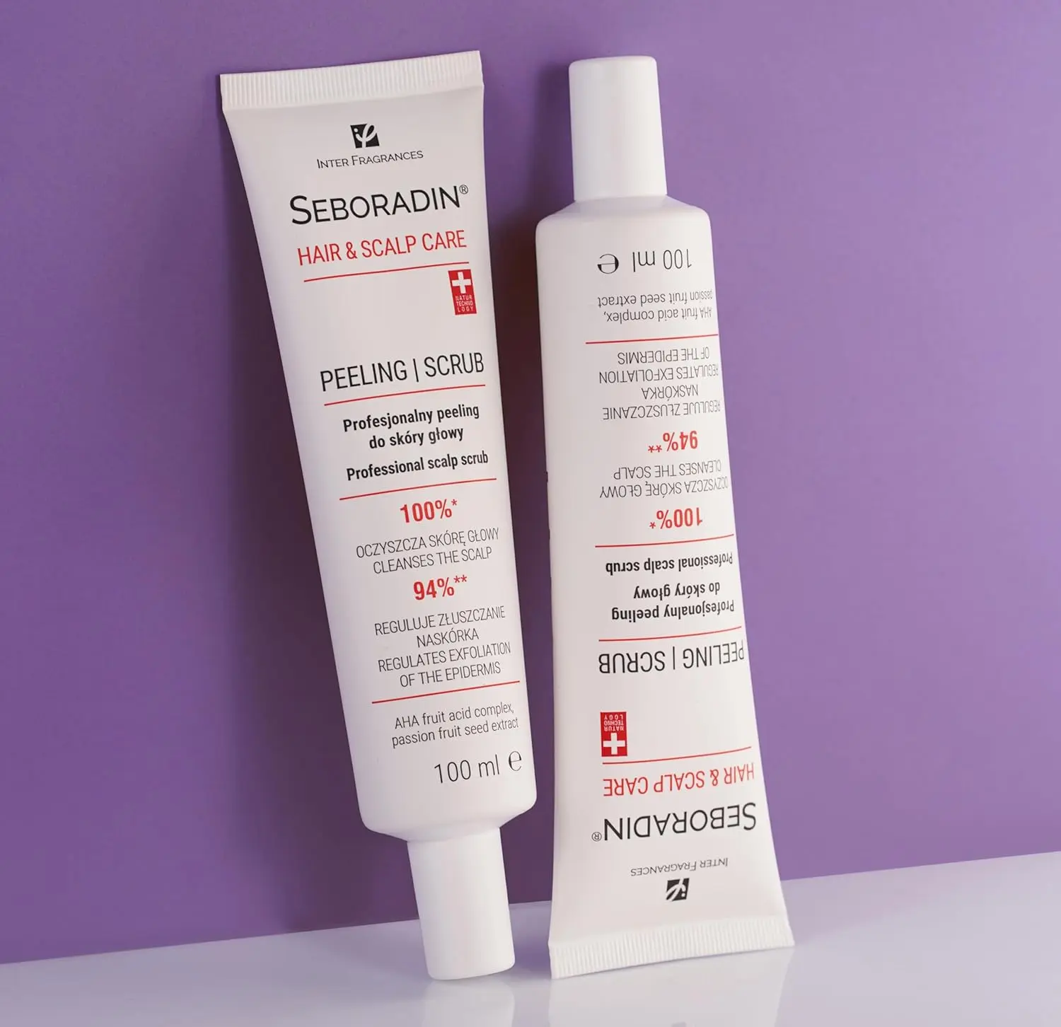 Seboradin enzyme scalp scrub with fruit acids gently exfoliates, cleanses, and refreshes the scalp, promoting healthy hair growth.