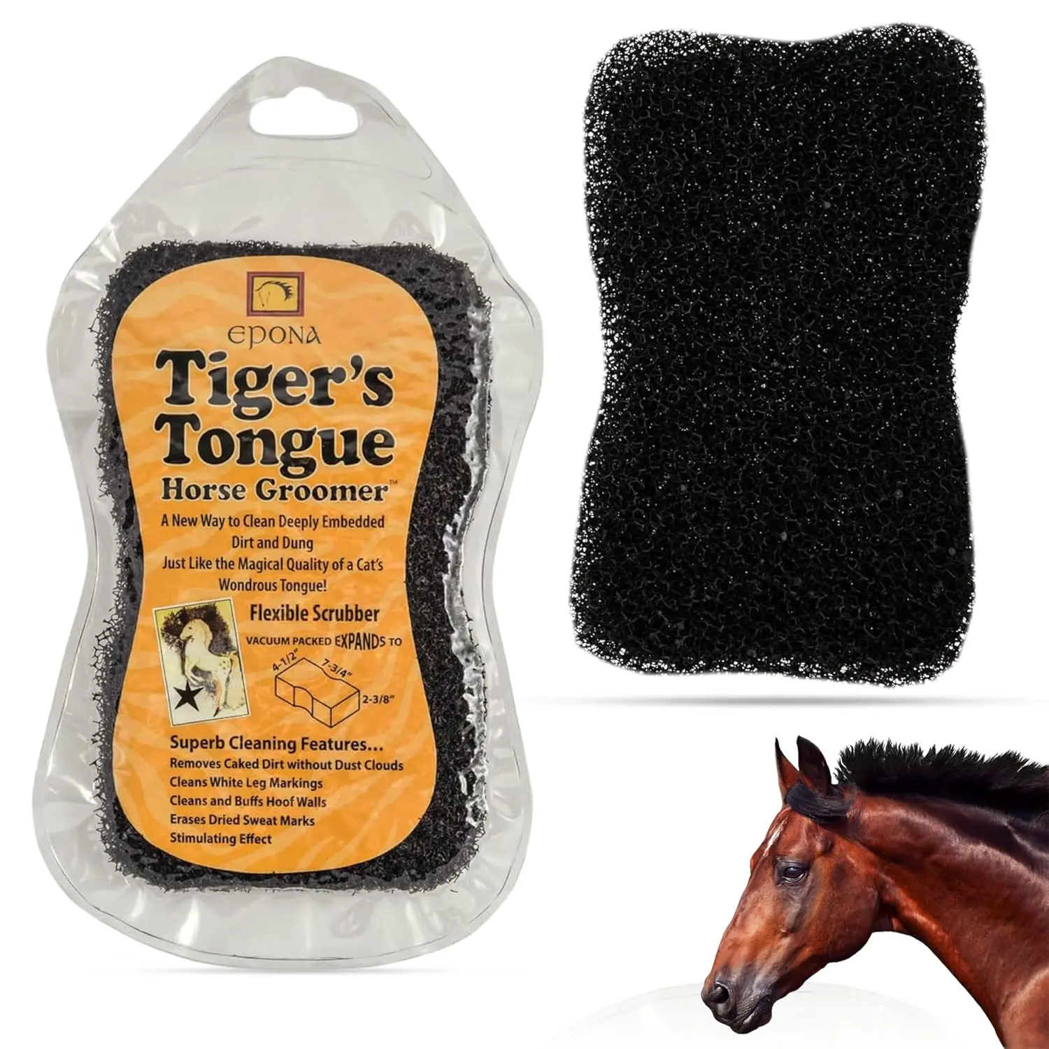 The EPONA Tiger's Tongue Horse Groomer deep cleans embedded dirt, dung, and dried sweat, leaving a horse's coat clean and refreshed.