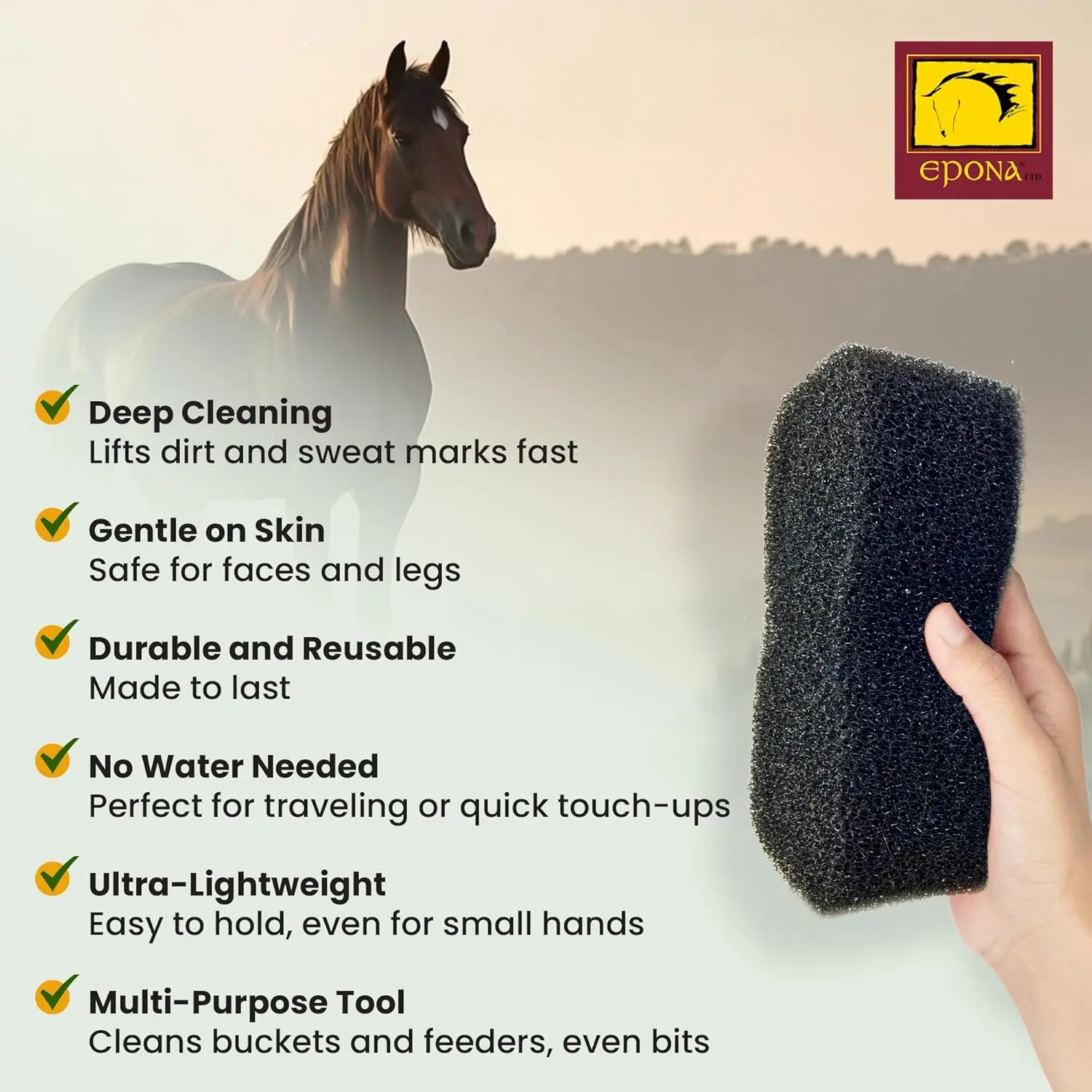 The EPONA Tiger's Tongue Horse Groomer deep cleans embedded dirt, dung, and dried sweat, leaving a horse's coat clean and refreshed.