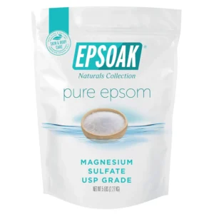 Five pound bag of Epsoak Epsom Salt, a pure magnesium sulfate, for a relaxing and nourishing bath or foot soak.