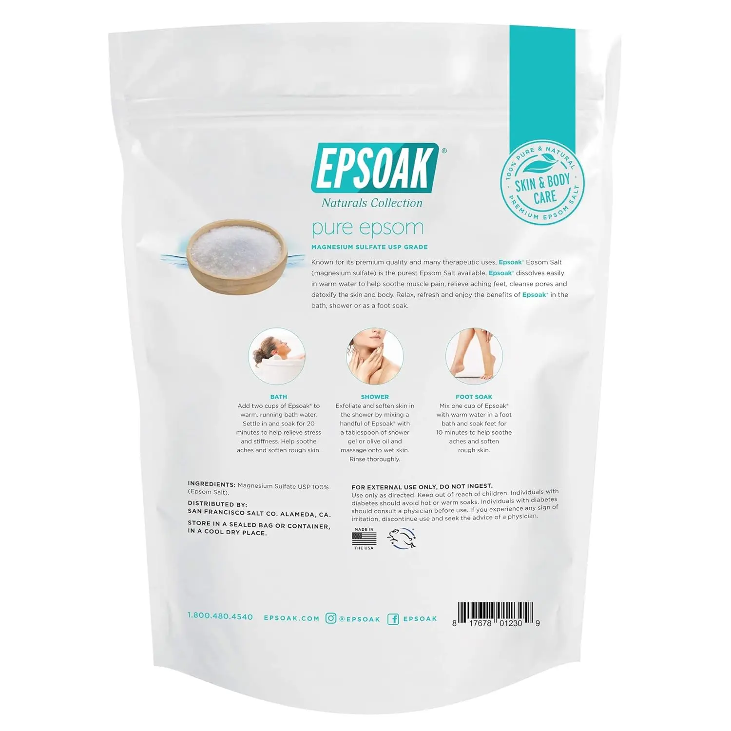 Five pound bag of Epsoak Epsom Salt, a pure magnesium sulfate, for a relaxing and nourishing bath or foot soak.