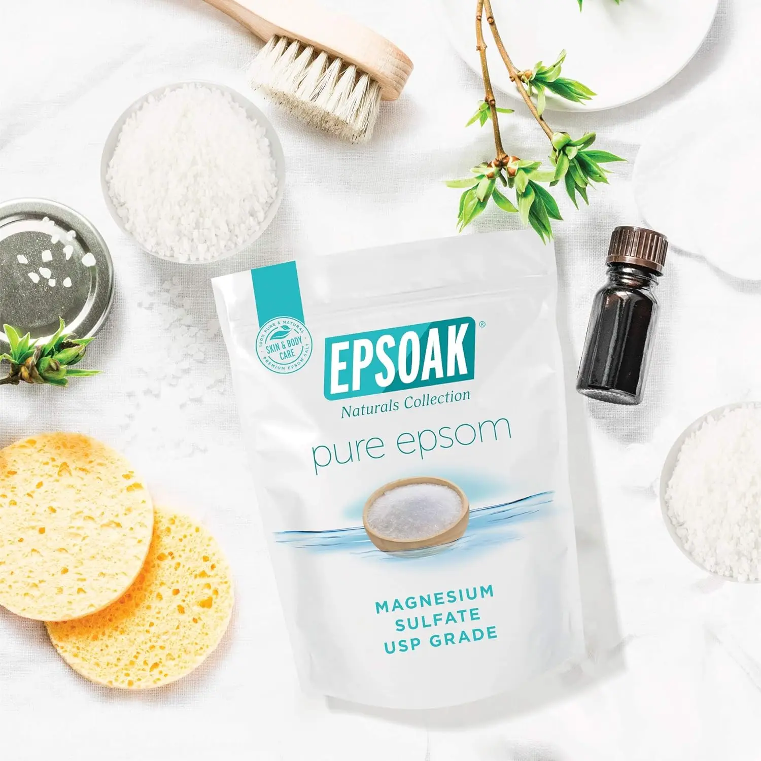 Five pound bag of Epsoak Epsom Salt, a pure magnesium sulfate, for a relaxing and nourishing bath or foot soak.