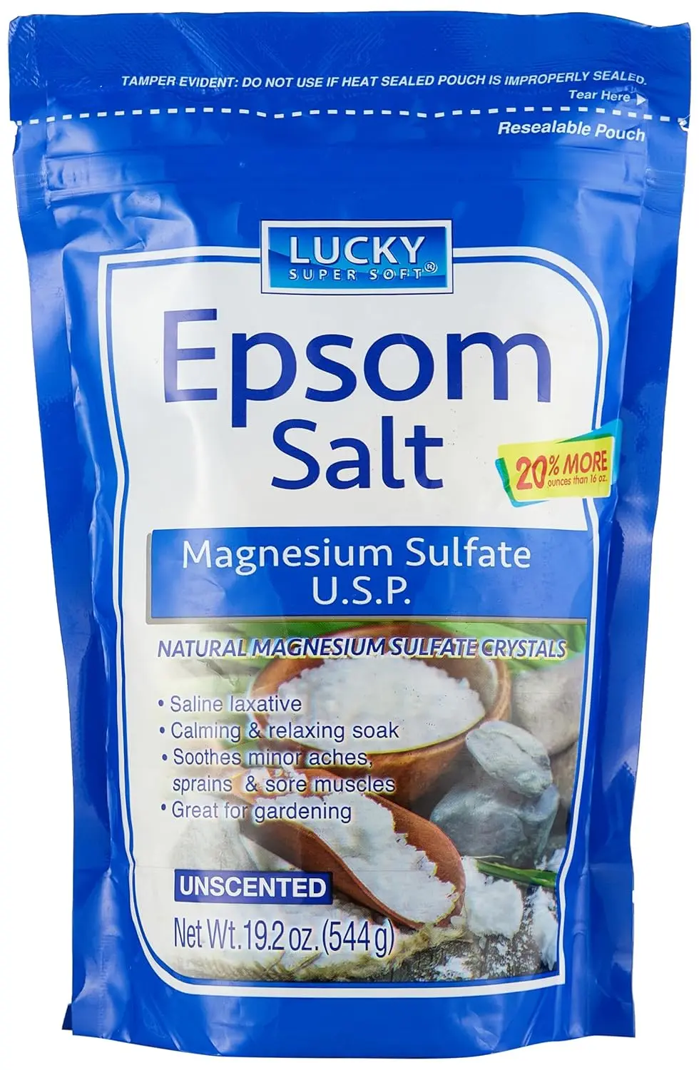 Lucky Super Soft Epsom Salt, a saline laxative, offers a calming and relaxing soak that soothes minor aches, sprains, and sore muscles.