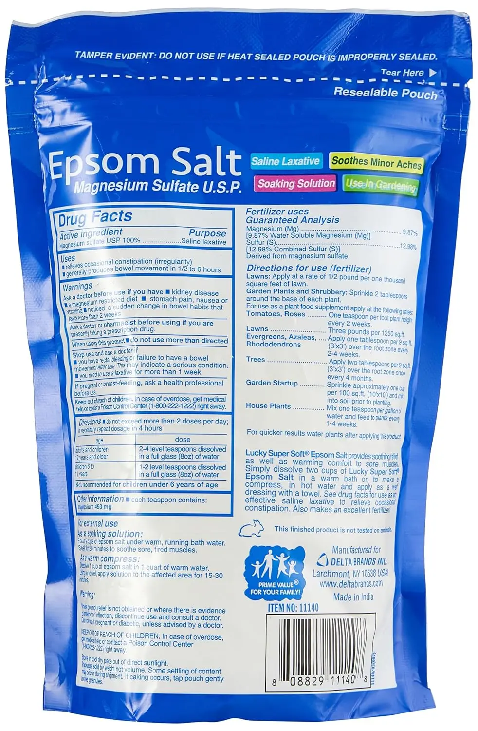 Lucky Super Soft Epsom Salt, a saline laxative, offers a calming and relaxing soak that soothes minor aches, sprains, and sore muscles.